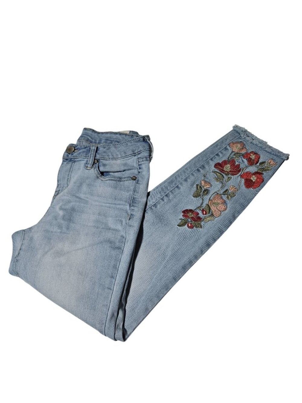 CP Jeans Womens Size 5 Straight Leg Low Rise Light Wash Denim Embroidered Floral